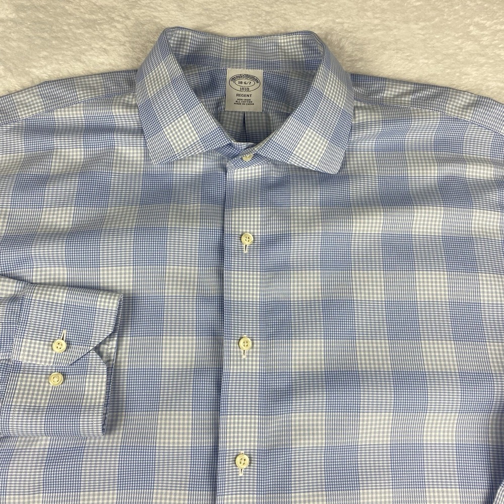 Brooks Brothers Dress Shirt Mens 18-6/7 Blue White Plaid Regent Fit No Iron